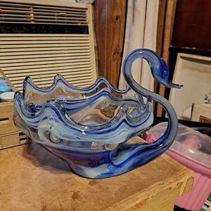 Blue Glass Swan Bowl